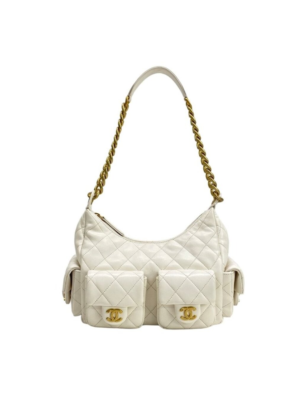 Chanel Shoulder Bag Quilted Hobo White Gold Chain Lambskin